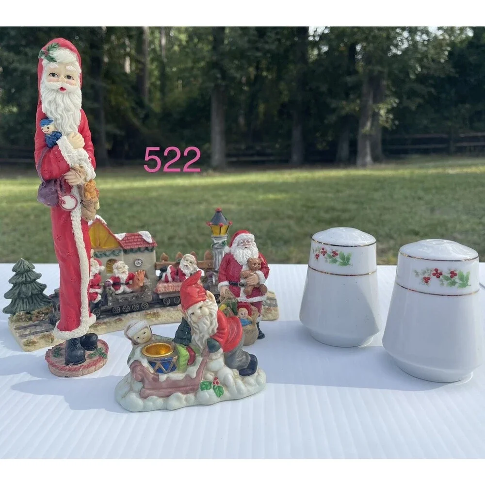 Christmas Santa Figurine Decor Lot Train Gnome Holly Salt Pepper 6 Pc